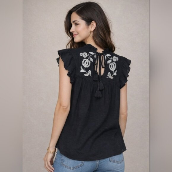 Knox Rose Black Embroidered Boho Flutter Sleeve Peasant Top XS Tassel Tie Back - Picture 2 of 8
